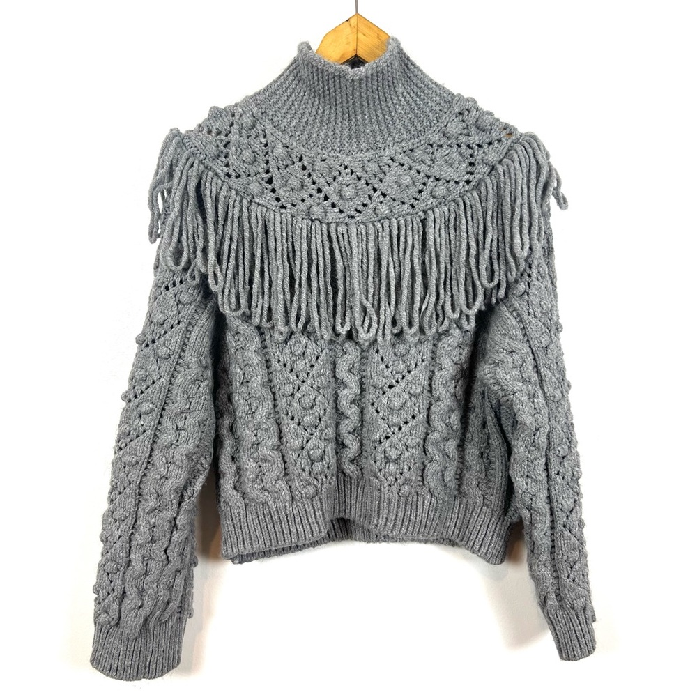 Zara Women’s S Gray Cropped Knit Sweater Pullover Chucky Fringe Turtleneck NWOT